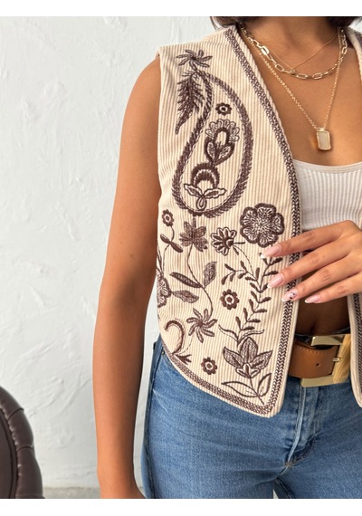 Verymoda Fitili Kadife Nakışlı Yelek Vmf2010 Taş