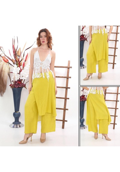 Bohem Stil İtalyan Ham Keten Pantolon Etek-8747 Sarı