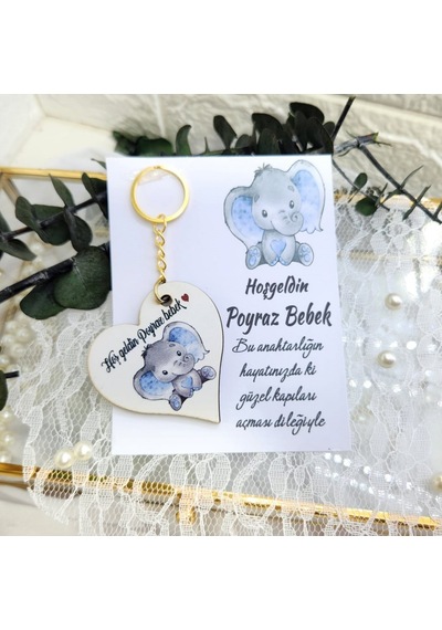 Ahşap Kalp Anahtarlık Uv Baskılı Kart Üzeri Fil Baskılı 20 Adet