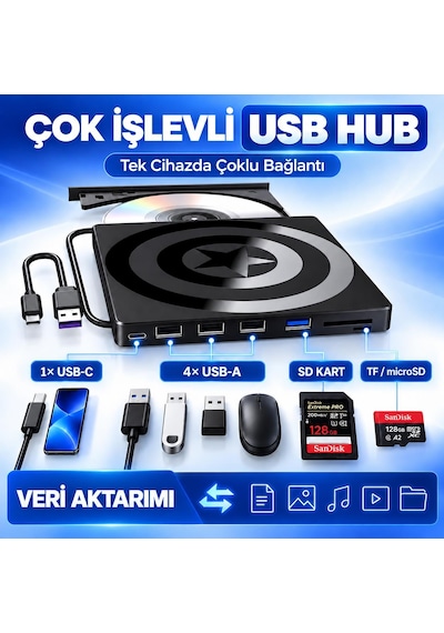 Valkyrie Harici Cd Dvd Okuyucu Yazıcı Usb 3.0 Type-c Hub Sd Tf Kart Okuyucu 4 Usb Portlu İnce Taşınabilir