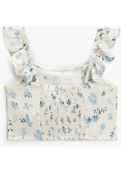 Koton Crop Bluz Keten Karışımlı Fırfırlı Askılı Bej Desenli 4skg60028aw Ekru