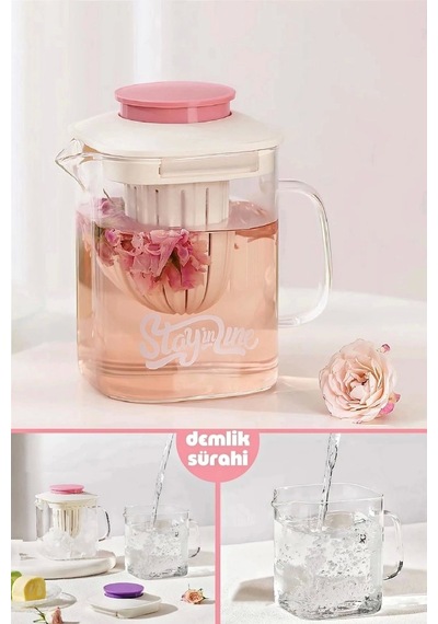 Isıya Dayanıklı Borosilikat Çelik Filtreli Bitki Çayı Süzgeçli Cam Demlik & 850 Ml. Kulplu Sürahi Bej