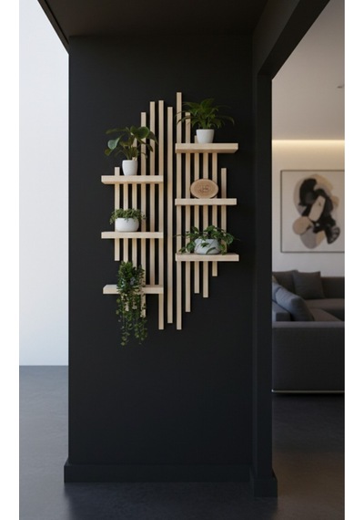 Ahşap Dekoratif Duvar Rafı - 120x60 Cm Modern Çıtalı Çiçeklik Bej