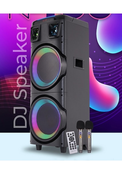 Büyük Boy Kablosuz Hoparlör 200w Çift Kablosuz Mikrofonlu Karaoke Bluetooth Speaker Şarjlı Partybox