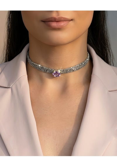 Kordon Zincir Örme Kristal Taşlı El Yapımı Choker Tasma Lila Silver Renk Kolye