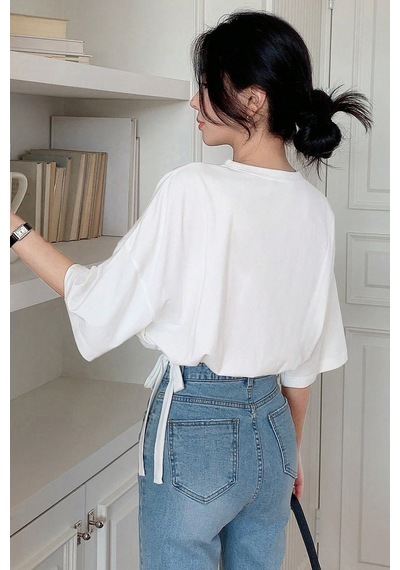 Kadın Oversize Basic Haki Tişört Yan Bağlamalı Rahat Kesim Günlük Yazlık T-shirt Beyaz
