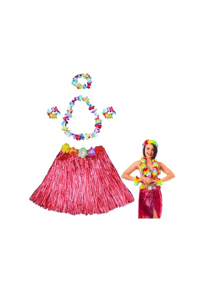 Hawaii Dans Kostümü Kırmızı Hula Etek & Çiçek Kolye Seti
