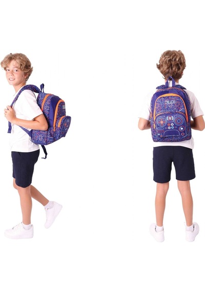 Kaukko Kids Oyun Temalı Erkek Çocuk Lacivert Turuncu Okul Çantası Ve Beslenme Çanta Takımı Lacivert