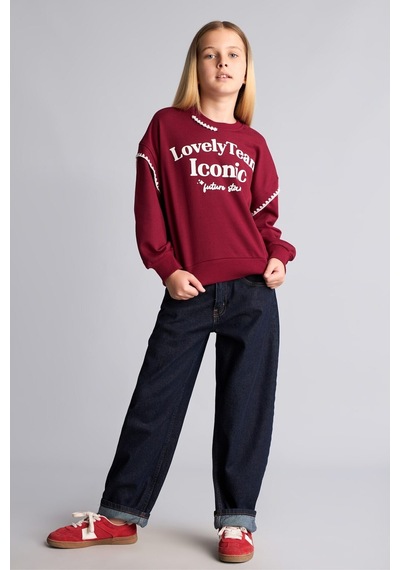 Defacto Relax Fıt Bisiklet Yaka Slogan Baskılı Sweatshirt Kız Çocuk I0709a826aubr204 Bordo-br204
