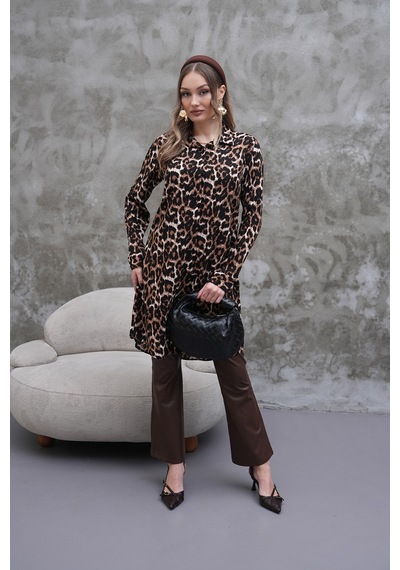 Polologin Butik Leopar Desenli Kahverengi Gömlek Tunik Siyah & Kahverengi
