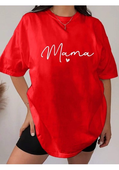 Mama Kalp T-shirt - Kırmızı Baskılı Oversize Bisiklet Yaka Kısa Kol Tişört Kırmızı
