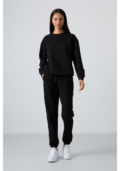 Tommy Life Siyah Basic Pamuklu O Yaka Oversize Lastik Paça Kadın Eşofman Takım - 95287 Siyah