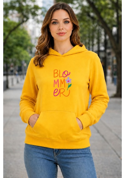 Herkesemoda Blommer Baskılı Kapüşonlu 2 İplik Şardonlu Sweatshirt Sarı