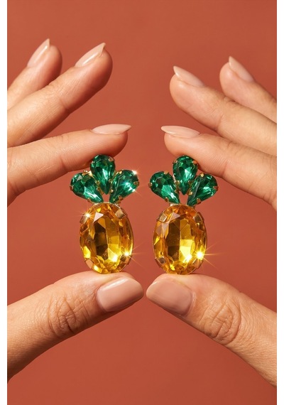 Valmont Accessories Ananas Figürlü Kadın Küpe Kristal Taşlı Tropikal Meyve Model Şık Küpe Altın
