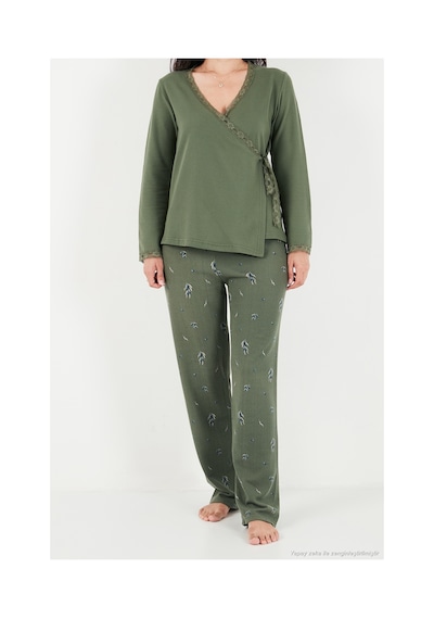 Lela Desenli Dantel Detaylı Bağlamalı Uzun Kollu Pijama Takımı Kadın Pijama Takımı 6575024 Haki