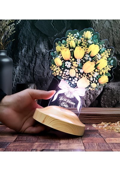 Sarı Lale Çiçek Buketi Led Lamba - Kişiye Özel Anneye Ve Sevgiliye Hediye, Solmayan Işıklı Sarı Laleler Çiçek Lambası Sarı Lale Buketi