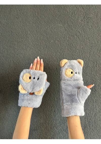 Gönülden Tasarım Kukla Peluş İçi Kürklü Açılır Parmak Nakış İşleme Kadın Eldiven Mavi