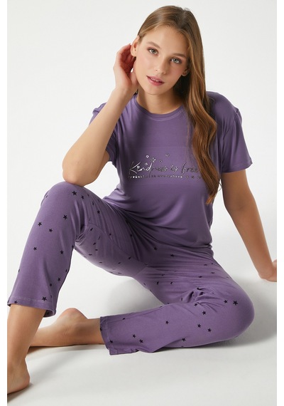 Ritnice Kadın Kindness Yumuşak Doku Mürdüm Yıldız Desen Bisiklet Yaka Kısa Kollu Alt Üst Pijama Takımı