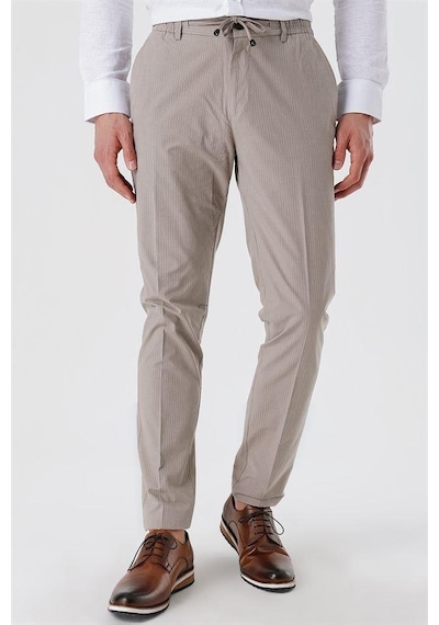 İmza Koyu Bej Çizgili Armürlü % 100 Pamuk Yan Cep Slim Fit Dar Kesim Casual Pantolon 1003230159-koyu Bej Koyu Bej