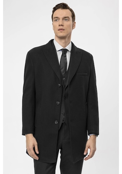 Süvari Slim Fit Yünlü Sivri Yaka Siyah Erkek Kaban Siyah