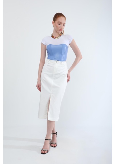 Banny Jeans Önden Yırtmaçlı Likralı Midi Etek Beyaz