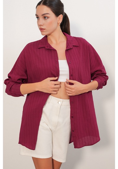 Bigdart Kadın Çizgi Detaylı Oversize Gömlek 20407 - Bordo