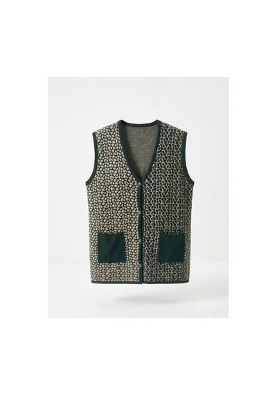 Onno Style Women Çelik Örgü Klasik Leopar Desen Triko Yelek Yeşil