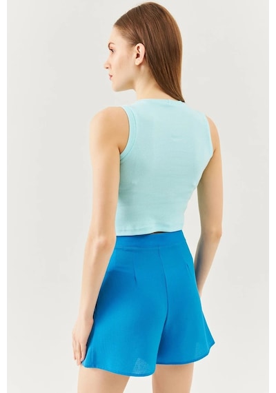 Butikgiz Kadın Sıfır Kol Bisiklet Yaka Vücuda Oturan %100 Pamuklu Kaşkorse Esnek Crop Bluz Aqua
