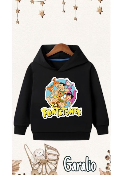 Startmore Taş Devri Baskılı Kapüşonlu Çocuk Sweatshirt Siyah