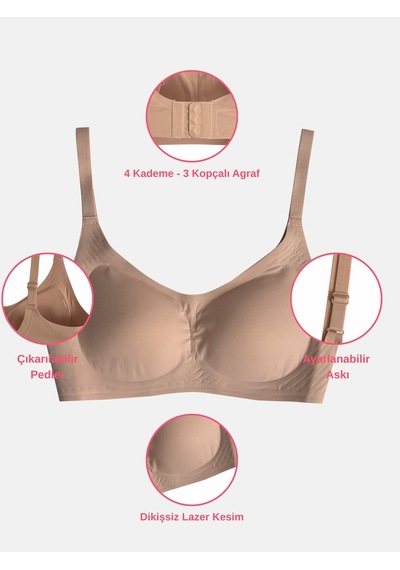 Alya Underwear Kadın Dikişsiz Sütyen Çıkarılabilir Yuvarlak Kaplı Lazer Kesim Görünmez Sütyen Siyah Pudra