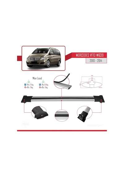 Mercedes Vito W639 2010-2014 Arası İle Uyumlu Fly Model Ara Atkı Tavan Barı Gri 3 Adet Bar