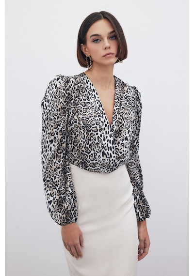 Sateen Leopar Desenli Bodysuit - Siyah-135268 Siyah