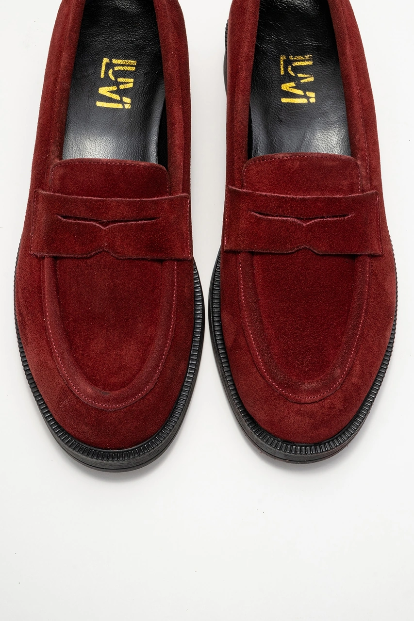 Luvishoes Luvi Shoes Pline Bordo Süet Hakiki Deri Kadın Loafer Ayakkabı Bordo