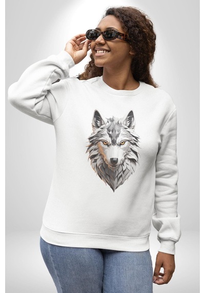 Beyaz Kurt Kafası Unisex Beyaz Baskılı Sweatshirt Beyaz