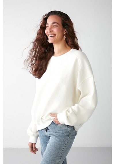 Grimelange Vaneltına Kadın Içi Polarlı 3 Iplik Organik Pamuk Oversize Basic Bisiklet Yaka Vanilya Sweatshirt