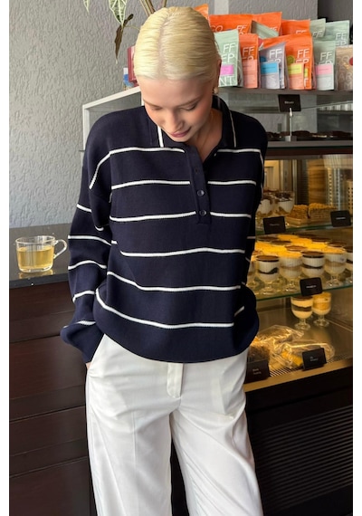 Madmext Lacivert Çizgili Polo Yaka Kadın Triko Kazak Mg2470 Lacivert