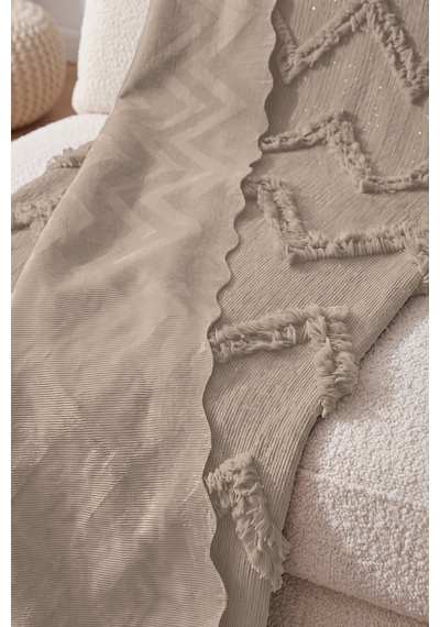 Şönil Koltuk Örtüsü 175x210 Cm Zikzak Desenli Sakallı Çekyat Örtüsü Camel Camel
