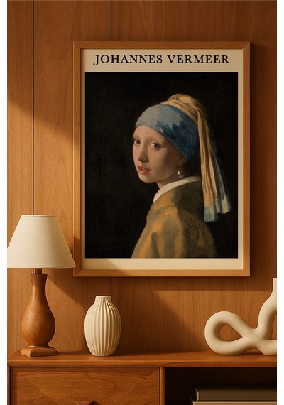 Johannes Vermeer İnci Küpeli Kız Doğal Ahşap Çerçeveli Poster, Dekoratif Sanatsal Duvar Tablosu