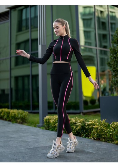 Lismina Neon Pembe Biyeli Siyah Uzun Kollu Spor Ceket