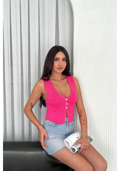 Femelle Kadın Fuşya Standart Beden Düğmeli Kolsuz %100 Pamuk Triko Bluz
