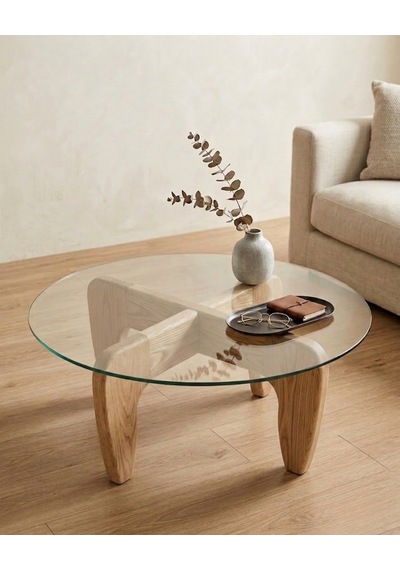 Naturel Ayaklı Yuvarlak Cam Orta Sehpa Naturel - Ahşap