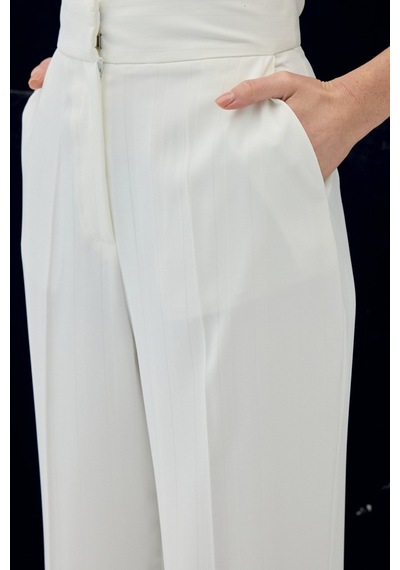 Sateen Anna Çizgili Pantolon - Ekru-137092 Ekru