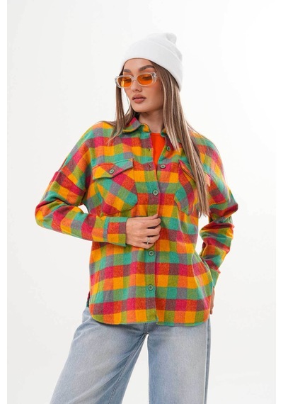 Polologin Butik Kadın Oduncu Rengarenk Cepli Spor Kesim Gömlek Çok Renkli