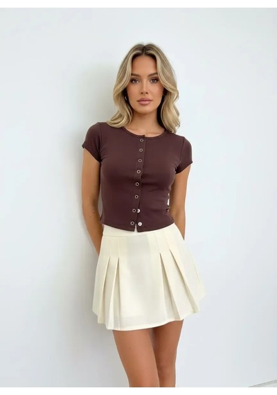 Park Karon Kadın Bisiklet Yaka Çıt Çıt Kapama Slim Fit Viscon Bluz 26038 Kahve