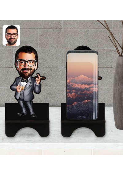 Kişiye Özel Erkek Patron Karikatürlü Ahşap Biblo Telefon Standı-3