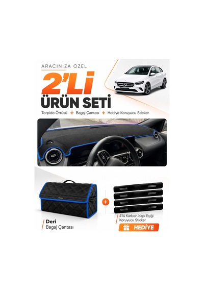 Mercedes W247 B180 B Class 2019-2022 Uyumlu Torpido Örtüsü + Deri Bagaj Çantası Seti - Siyah Mavi