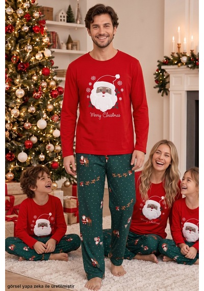 Siyah İnci Yılbaşı Temalı Termal Kumaşlı Ultra Soft Yumuşak Baba-oğul Örme Pijama Takımı 26225810-1 Kırmızı