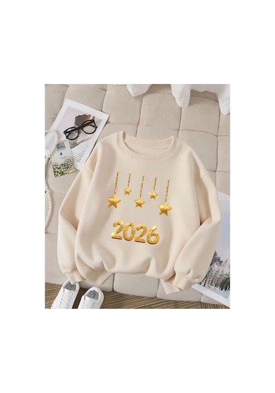 Herkesemoda 2026 Baskı Detaylı Bisiklet Yaka Sweatshırt Bej