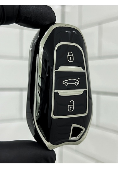 Peugeot 208 308 408 508 2008 3008 5008 Uyumlu Anahtar Kılıfı Gümüş - Siyah