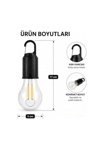 Şarjlı Kamp Ampulü Usb Type-c Girişli Asılabilir Led Ampul 3 Modlu Işık Gün Işığı Kamp Lambası